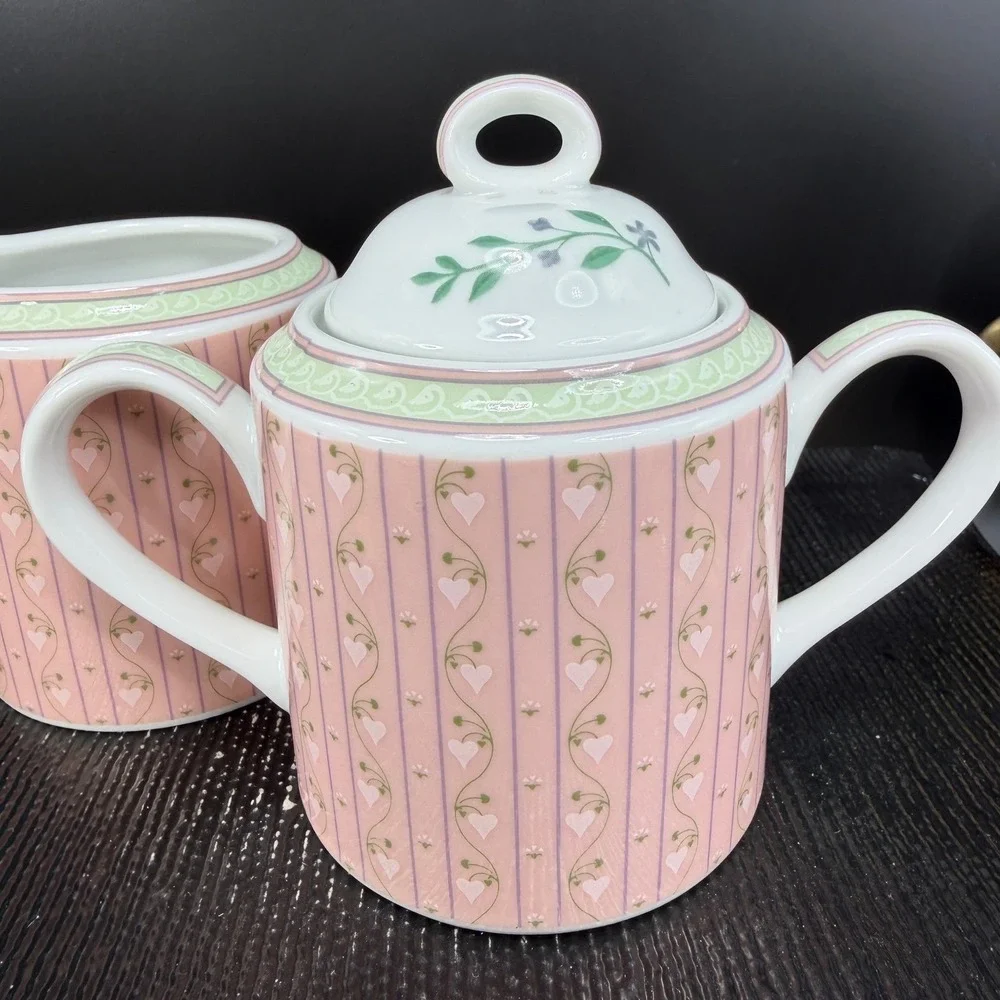 Lynn Hollyn Toscany Town Country Creamer Sugar‎ Bowl Set Pink Heart Stripe Japan